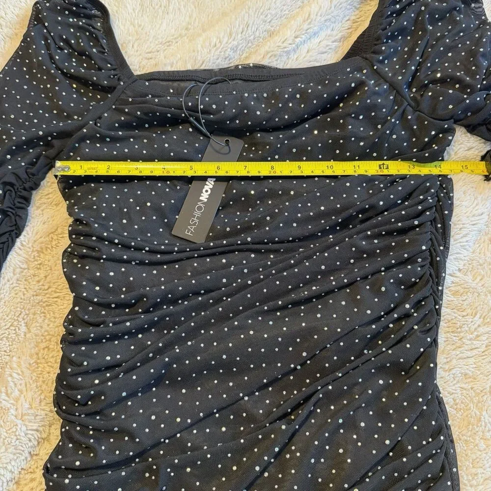 NWT Fashion Nova Tabby Mesh Rhinestone Mini Bodycon Dress Size L Stretch - Picture 6 of 7